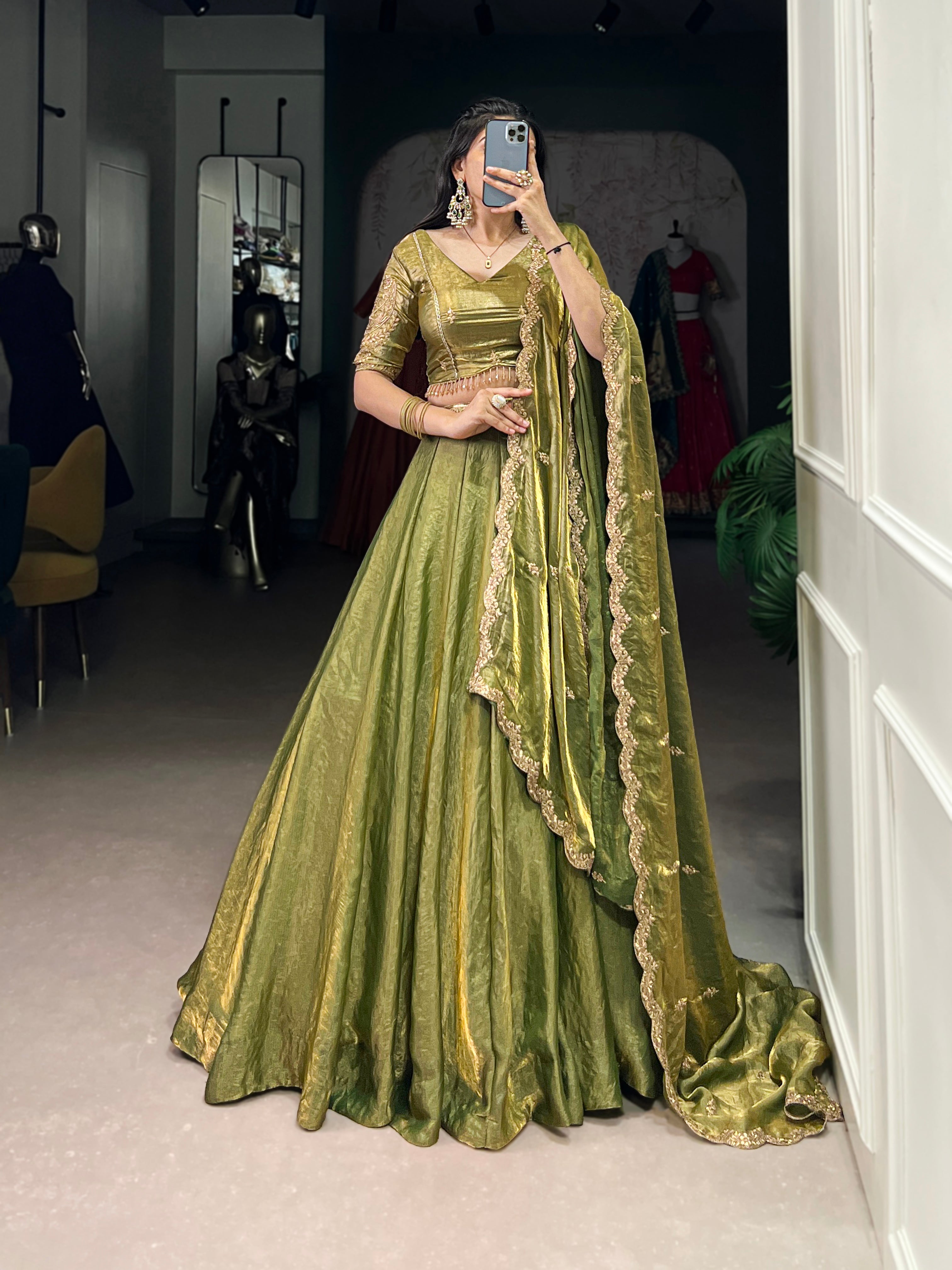 Lorenvalley Mahendi Fendi Silk Sequins and Thread Embroidery Work Belt Lehenga Choli with Dupatta - Distacart