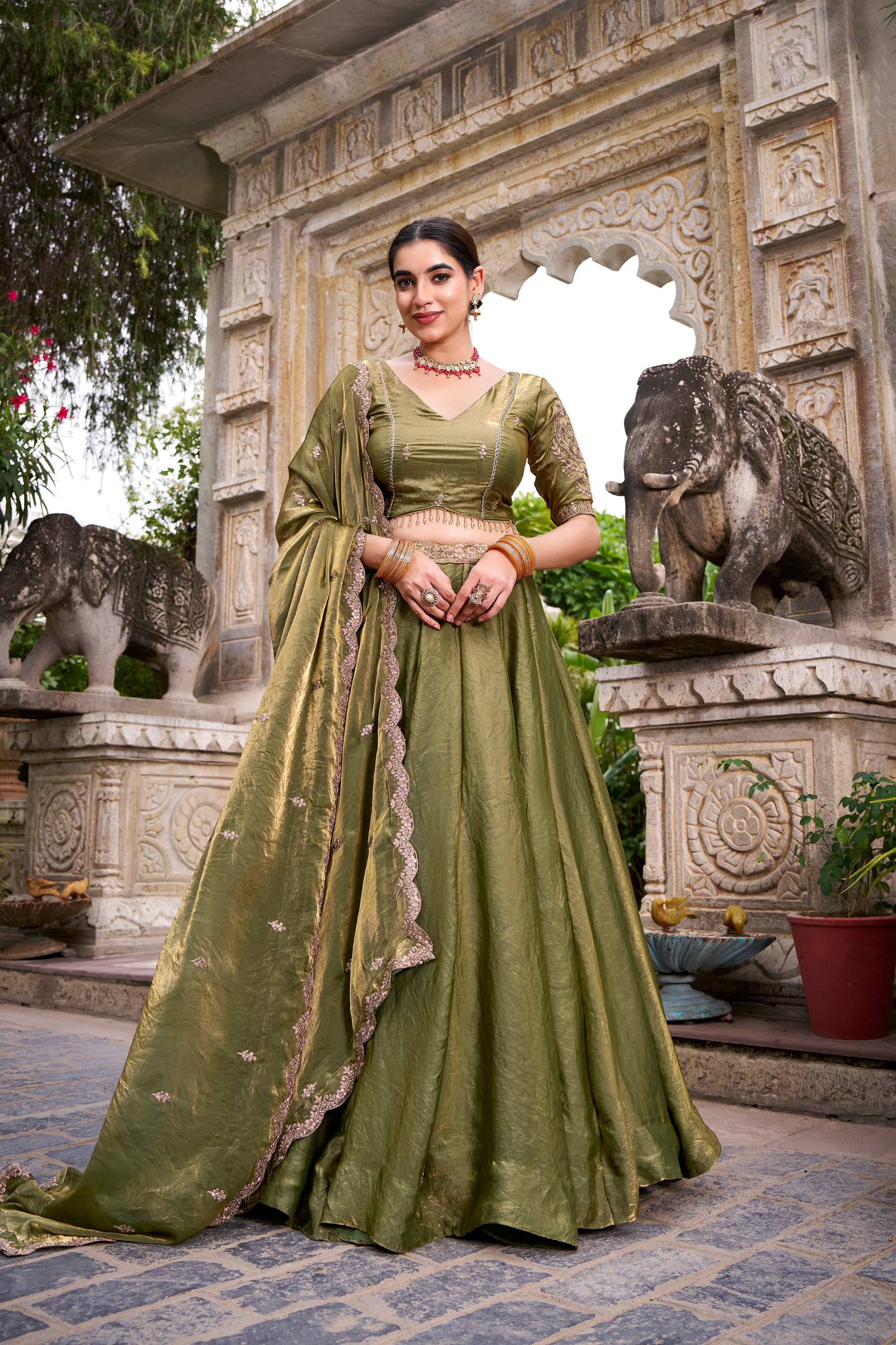 Lorenvalley Fashion Mahendi Fendi Silk Sequins and Thread Embroidery Work Belt Lehenga Choli with Dupatta