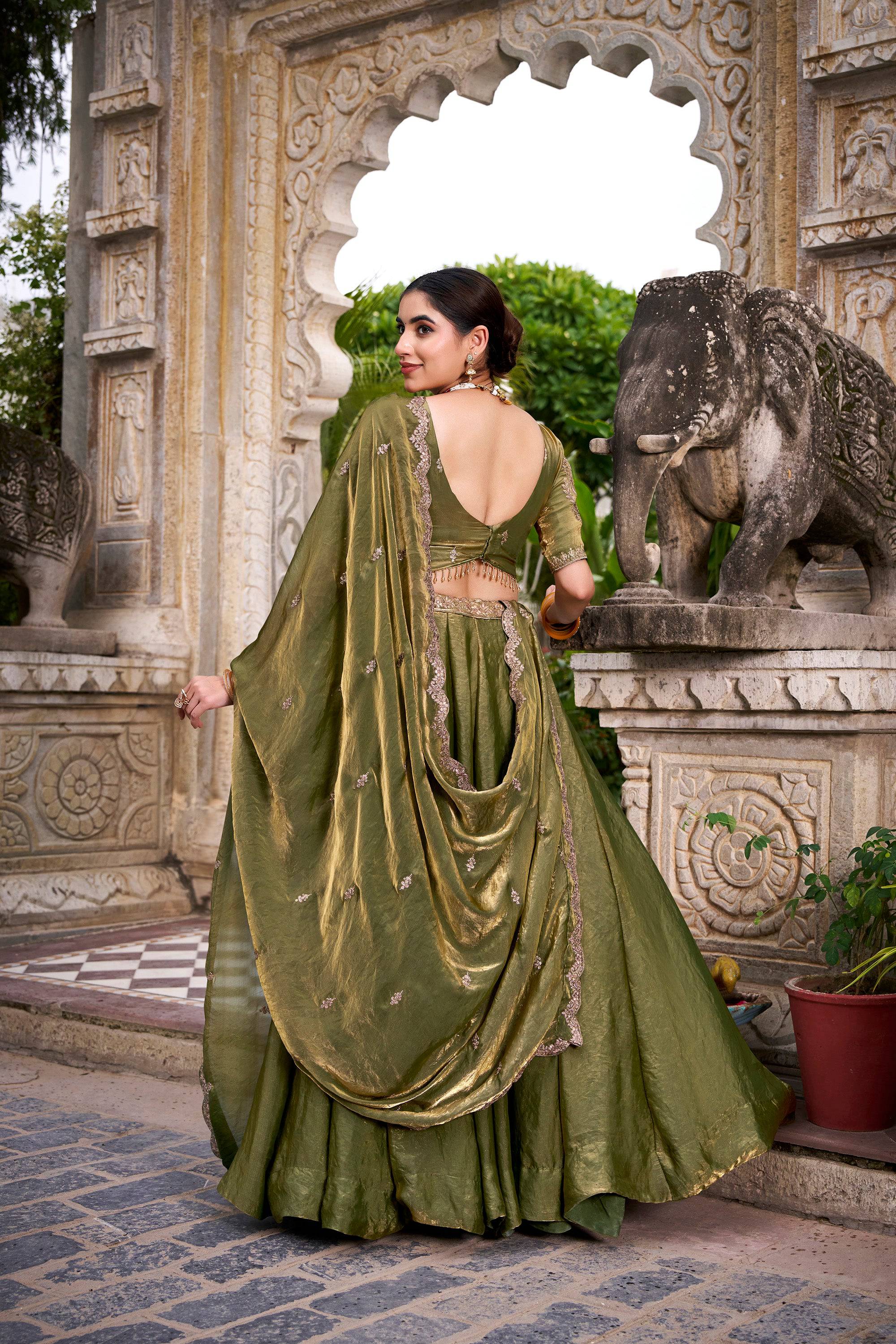 Lorenvalley Fashion Mahendi Fendi Silk Sequins and Thread Embroidery Work Belt Lehenga Choli with Dupatta