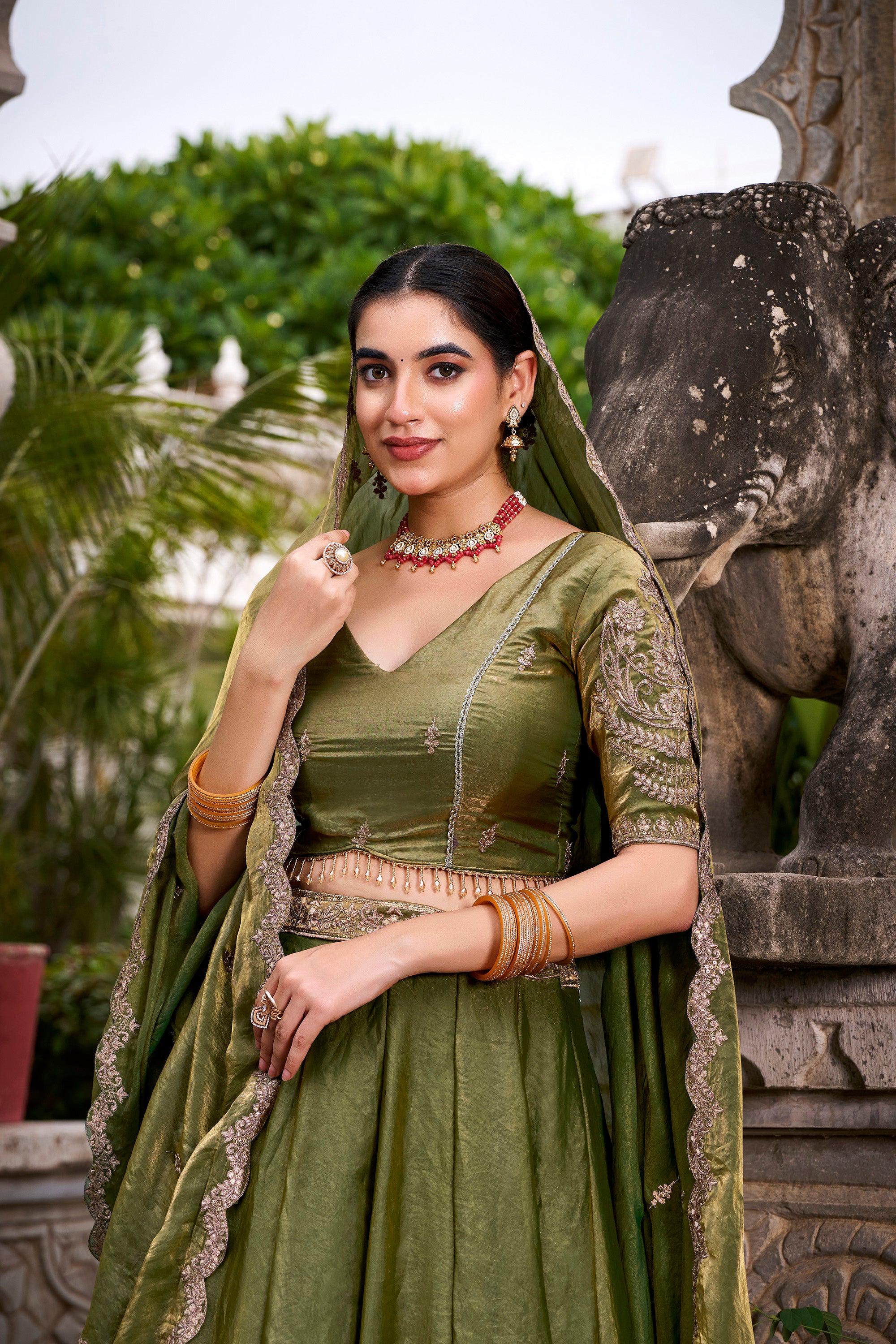 Lorenvalley Fashion Mahendi Fendi Silk Sequins and Thread Embroidery Work Belt Lehenga Choli with Dupatta