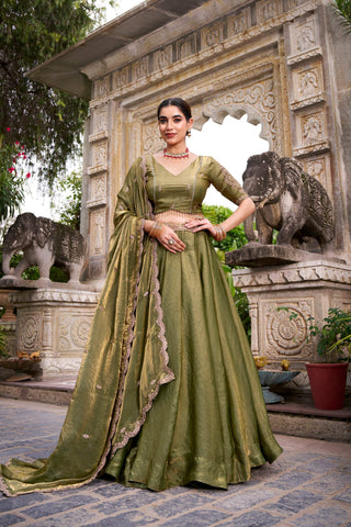 Lorenvalley Fashion Mahendi Fendi Silk Sequins and Thread Embroidery Work Belt Lehenga Choli with Dupatta