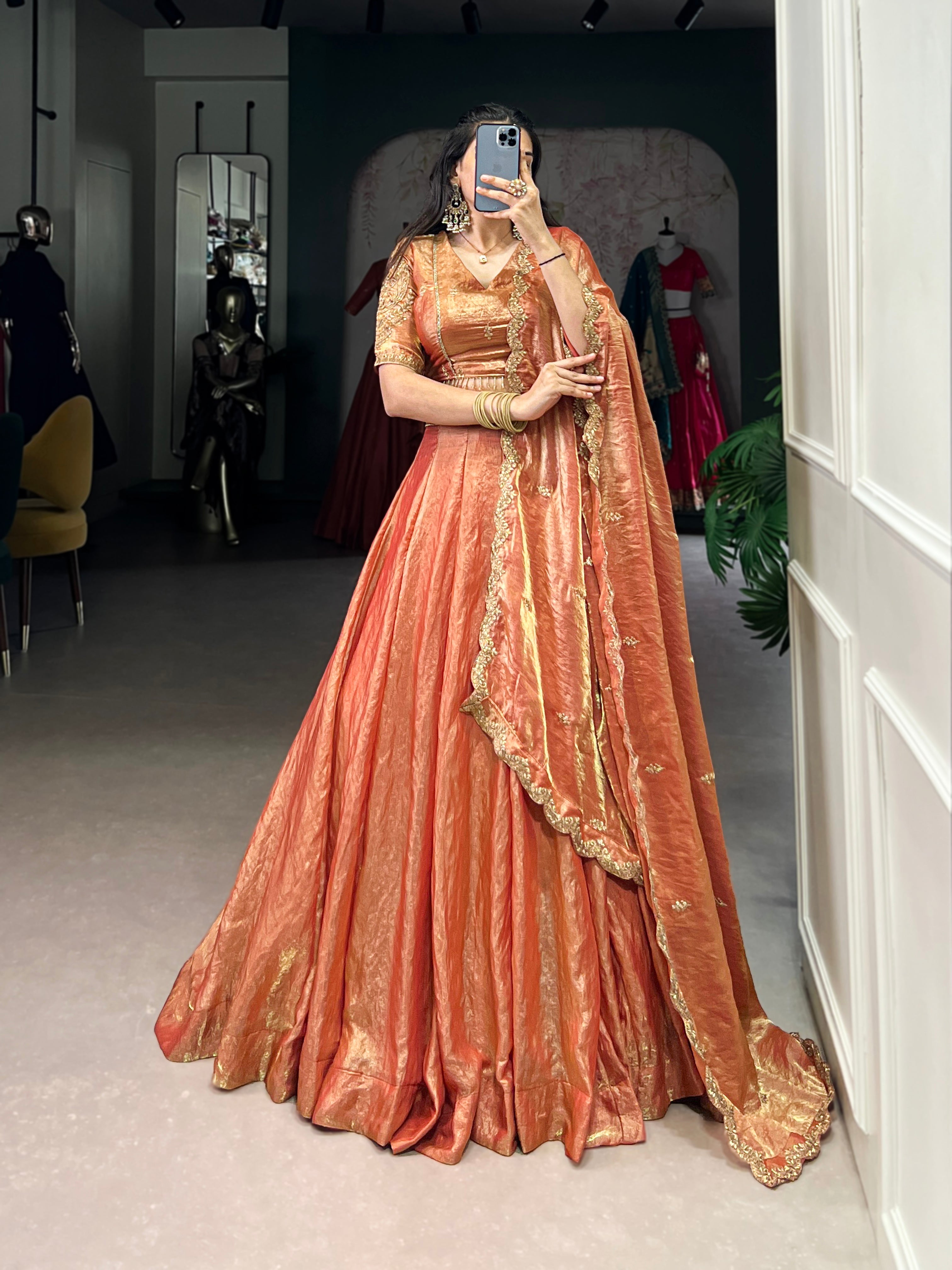 Lorenvalley Rosegold Fendi Silk Sequins and Thread Embroidery Work Belt Lehenga Choli with Dupatta