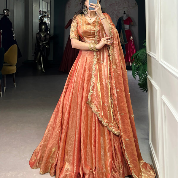 Lorenvalley Rosegold Fendi Silk Sequins and Thread Embroidery Work Belt Lehenga Choli with Dupatta - Distacart