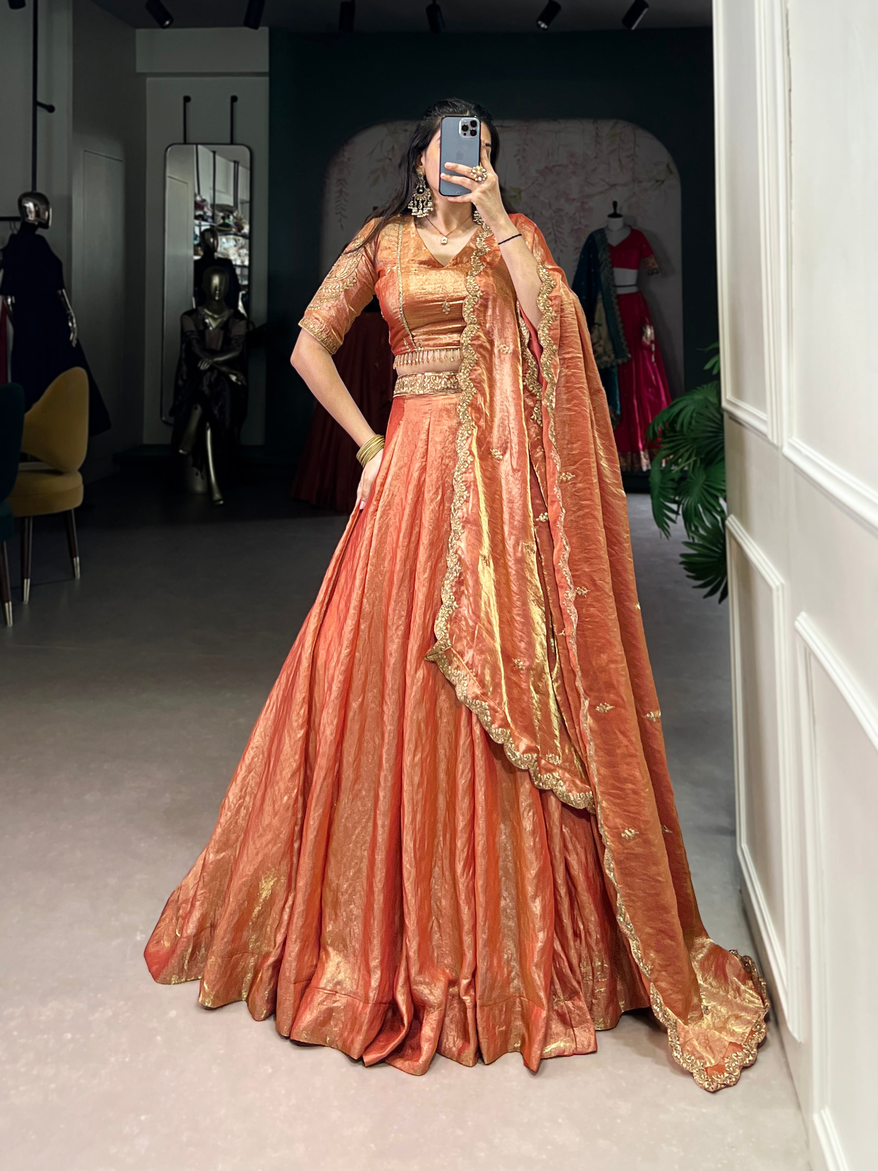 Lorenvalley Rosegold Fendi Silk Sequins and Thread Embroidery Work Belt Lehenga Choli with Dupatta
