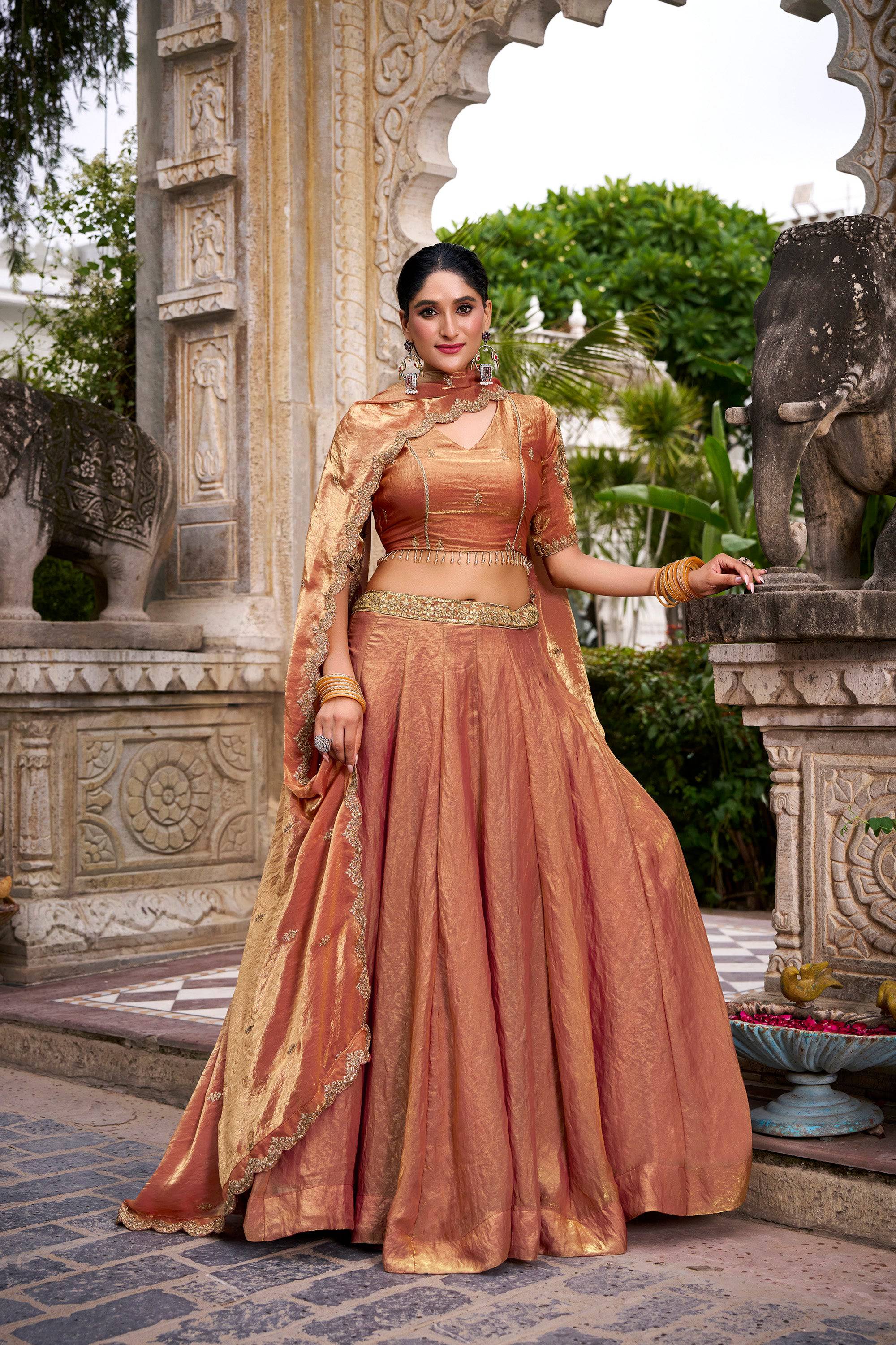 Lorenvalley Fashion Rosegold Fendi Silk Sequins and Thread Embroidery Work Belt Lehenga Choli with Dupatta