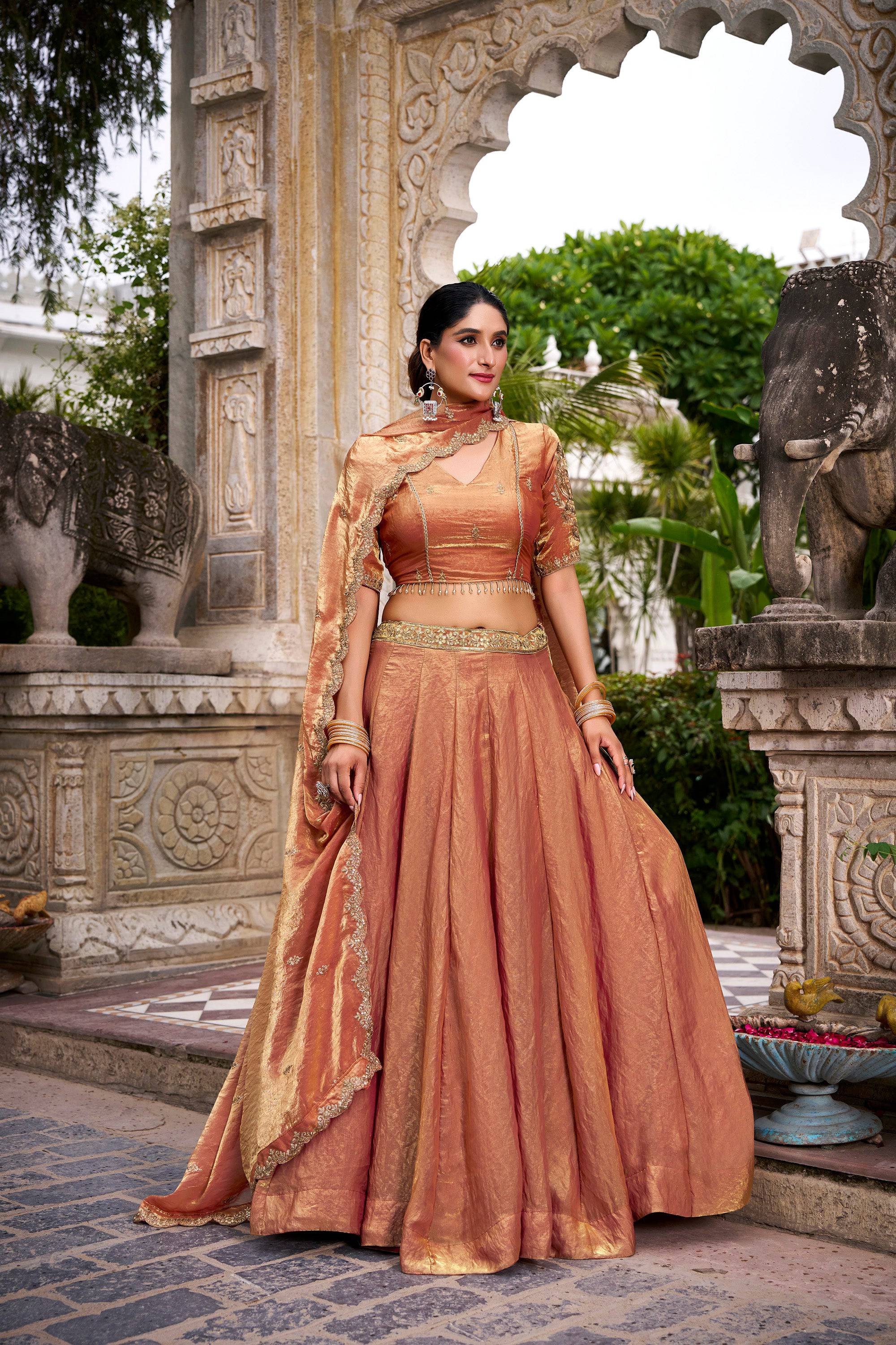 Lorenvalley Fashion Rosegold Fendi Silk Sequins and Thread Embroidery Work Belt Lehenga Choli with Dupatta