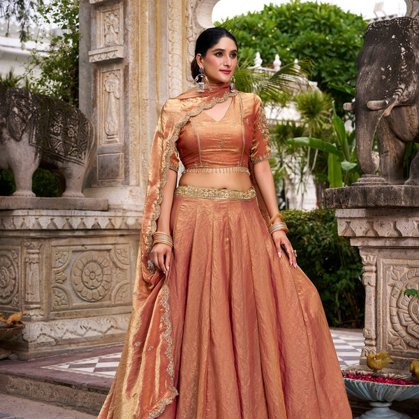 Lorenvalley Fashion Rosegold Fendi Silk Sequins and Thread Embroidery Work Belt Lehenga Choli with Dupatta - Distacart