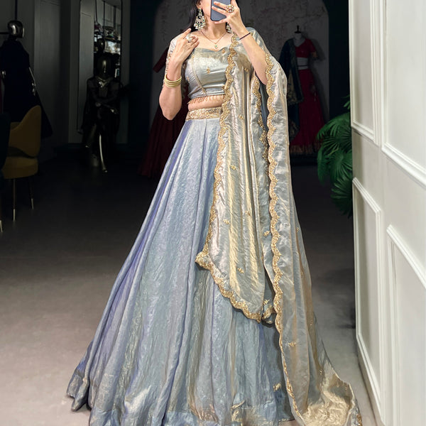 Lorenvalley Skyblue Fendi Silk Sequins and Thread Embroidery Work Belt Lehenga Choli with Dupatta - Distacart