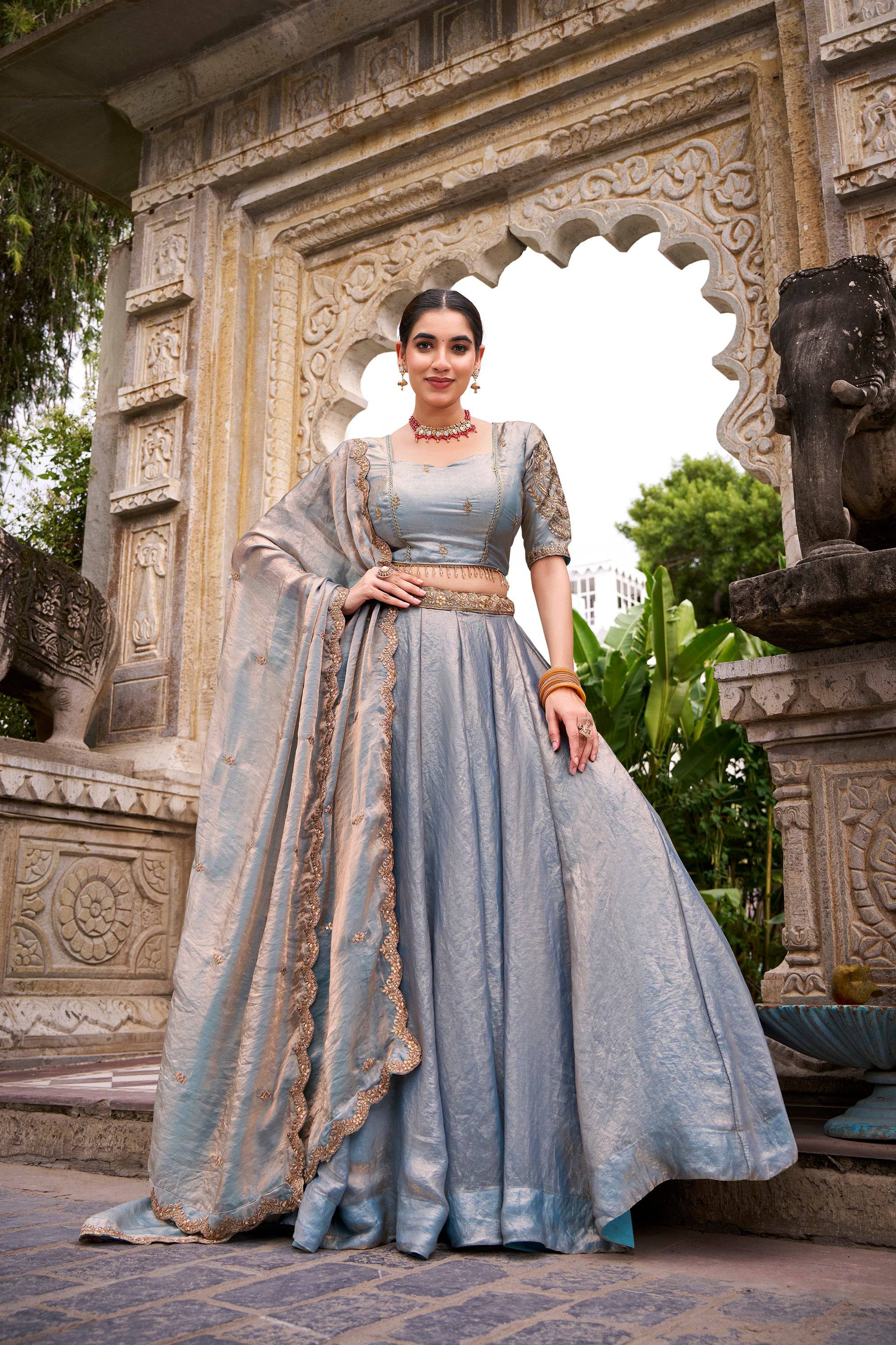 Lorenvalley Fashion Skyblue Fendi Silk Sequins and Thread Embroidery Work Belt Lehenga Choli with Dupatta