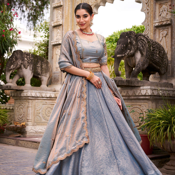 Lorenvalley Fashion Skyblue Fendi Silk Sequins and Thread Embroidery Work Belt Lehenga Choli with Dupatta - Distacart