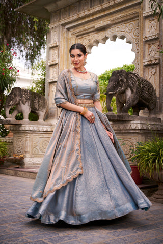 Lorenvalley Fashion Skyblue Fendi Silk Sequins and Thread Embroidery Work Belt Lehenga Choli with Dupatta