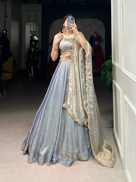 Lorenvalley Skyblue Fendi Silk Sequins and Thread Embroidery Work Belt Lehenga Choli with Dupatta