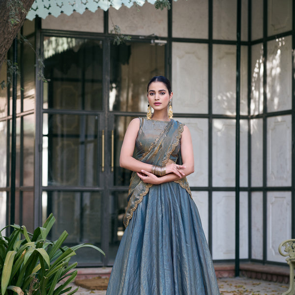 Lorenvalley Fashion Teal Fendi Silk Sequins And Thread Embroidery Work Belt Lehenga Choli With Dupatta - Dista