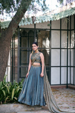Thumbnail for Lorenvalley Fashion Teal Fendi Silk Sequins And Thread Embroidery Work Belt Lehenga Choli With Dupatta - Dista