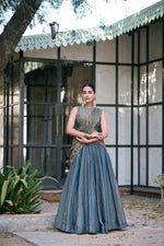 Thumbnail for Lorenvalley Fashion Teal Fendi Silk Sequins And Thread Embroidery Work Belt Lehenga Choli With Dupatta - Dista