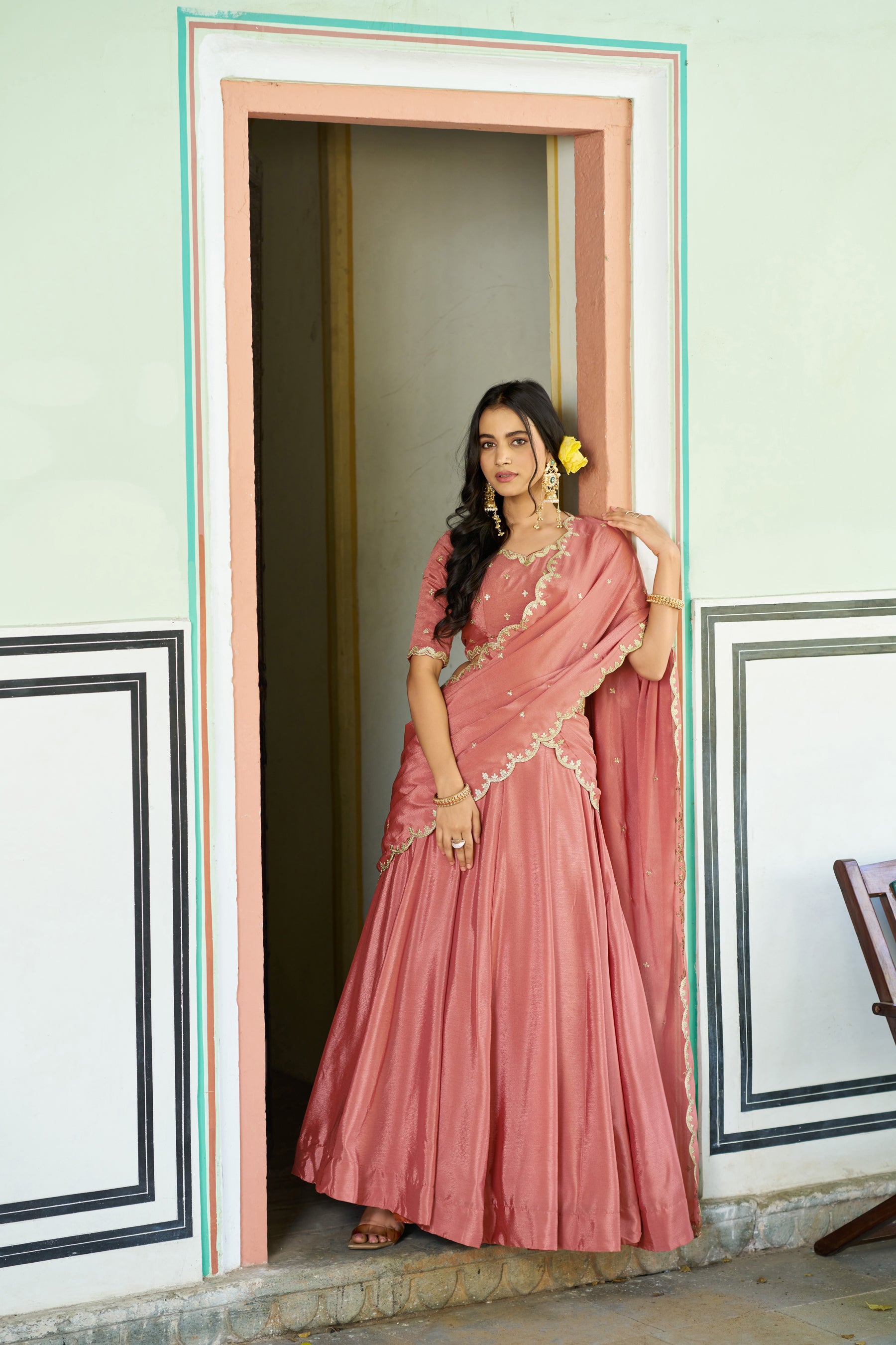 Lorenvalley Fashion Peach Chinon Plain Lehenga Sequins And Thread Embroidery Work Choli With Dupatta - Dista