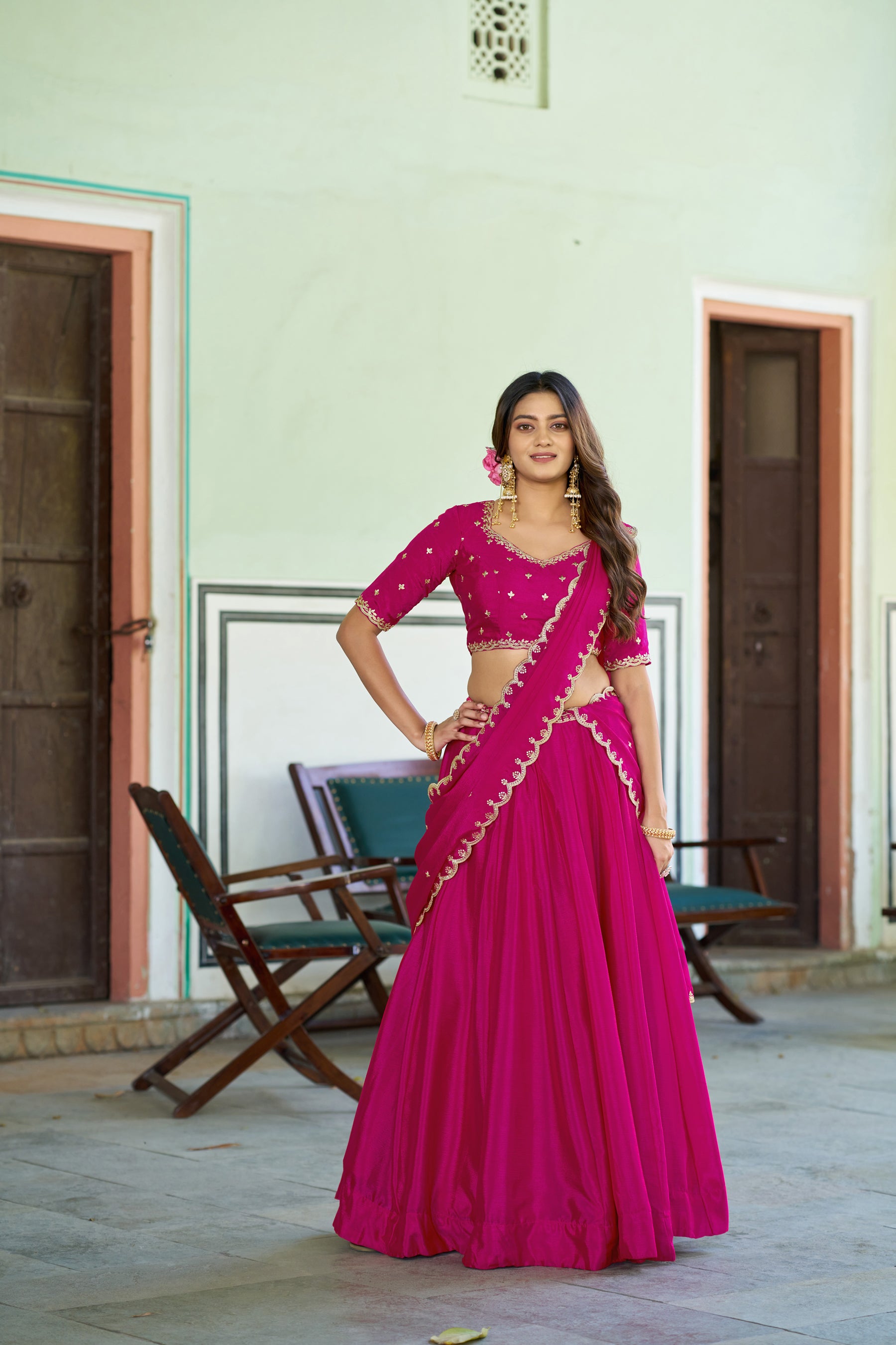 Lorenvalley Fashion Ranipink Chinon Plain Lehenga Sequins And Thread Embroidery Work Choli With Dupatta - Dista