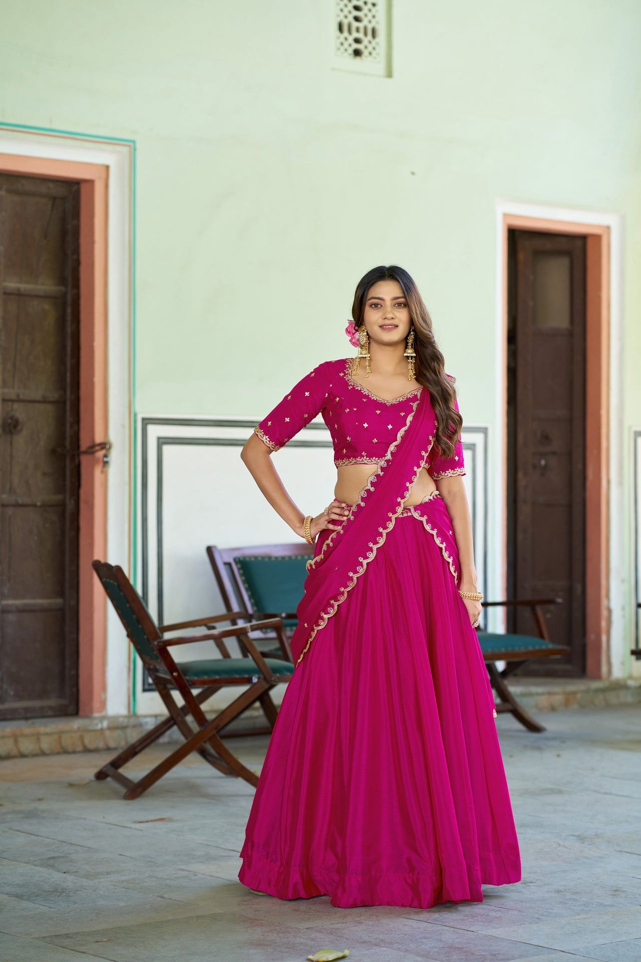 Lorenvalley Fashion Ranipink Chinon Plain Lehenga Sequins And Thread Embroidery Work Choli With Dupatta - Dista