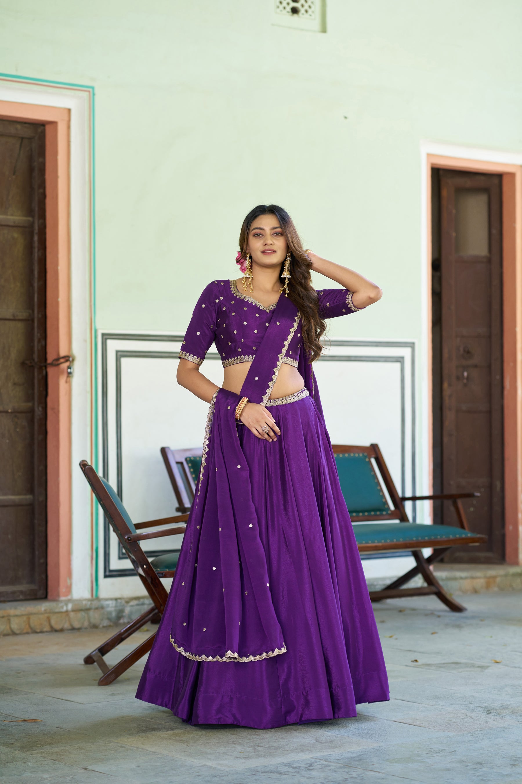 Lorenvalley Fashion Purple Chinon Plain Lehenga Sequins And Thread Embroidery Work Choli With Dupatta - Dista