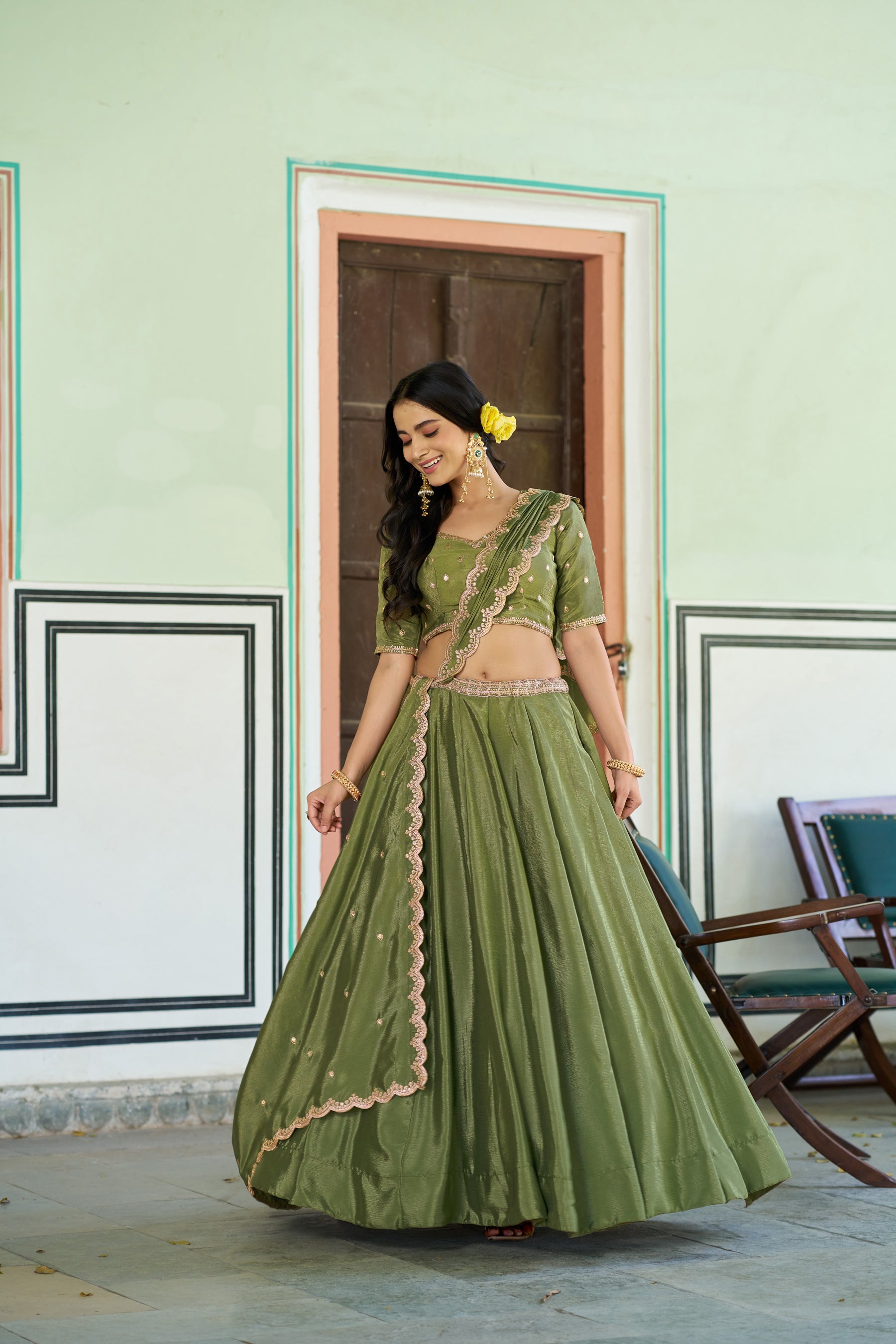 Lorenvalley Fashion Pista Chinon Plain Lehenga Sequins And Thread Embroidery Work Choli With Dupatta - Dista