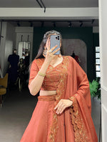 Thumbnail for Lorenvalley Orange Pure Tussar Sequins and Thread Embroidery Work Belt Lehenga Choli with Dupatta