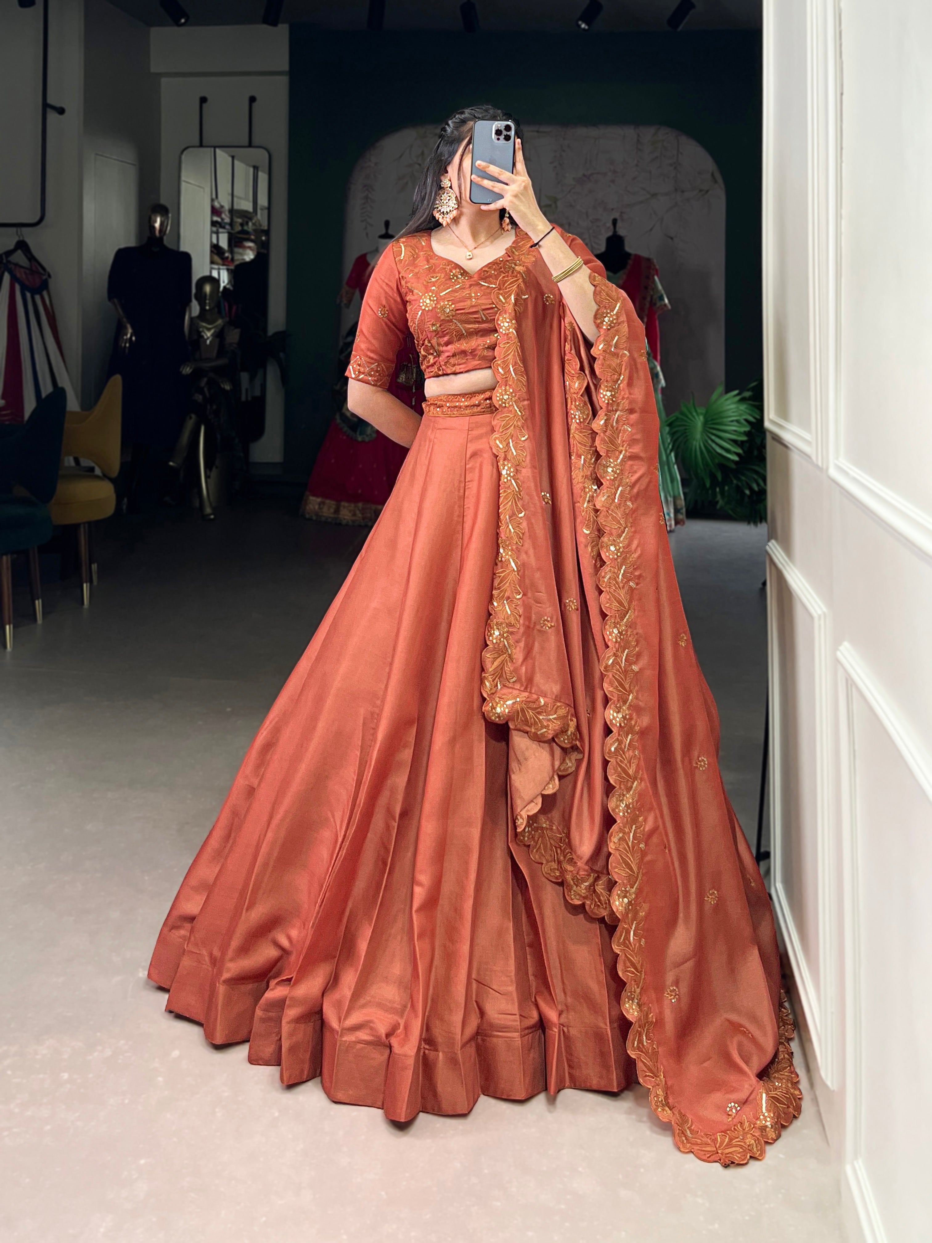 Lorenvalley Orange Pure Tussar Sequins and Thread Embroidery Work Belt Lehenga Choli with Dupatta - Distacart