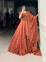 Thumbnail for Lorenvalley Orange Pure Tussar Sequins and Thread Embroidery Work Belt Lehenga Choli with Dupatta