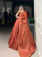 Thumbnail for Lorenvalley Orange Pure Tussar Sequins and Thread Embroidery Work Belt Lehenga Choli with Dupatta