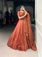 Thumbnail for Lorenvalley Orange Pure Tussar Sequins and Thread Embroidery Work Belt Lehenga Choli with Dupatta