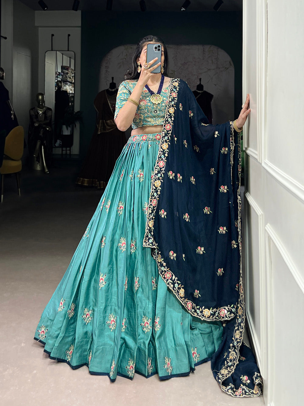 Lorenvalley Skyblue Slab Silk Sequins and Thread Embroidery Work Lehenga Choli with Dupatta