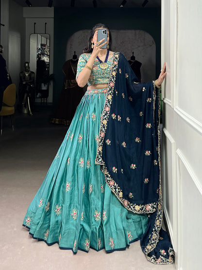 Lorenvalley Skyblue Slab Silk Sequins and Thread Embroidery Work Lehenga Choli with Dupatta - Distacart
