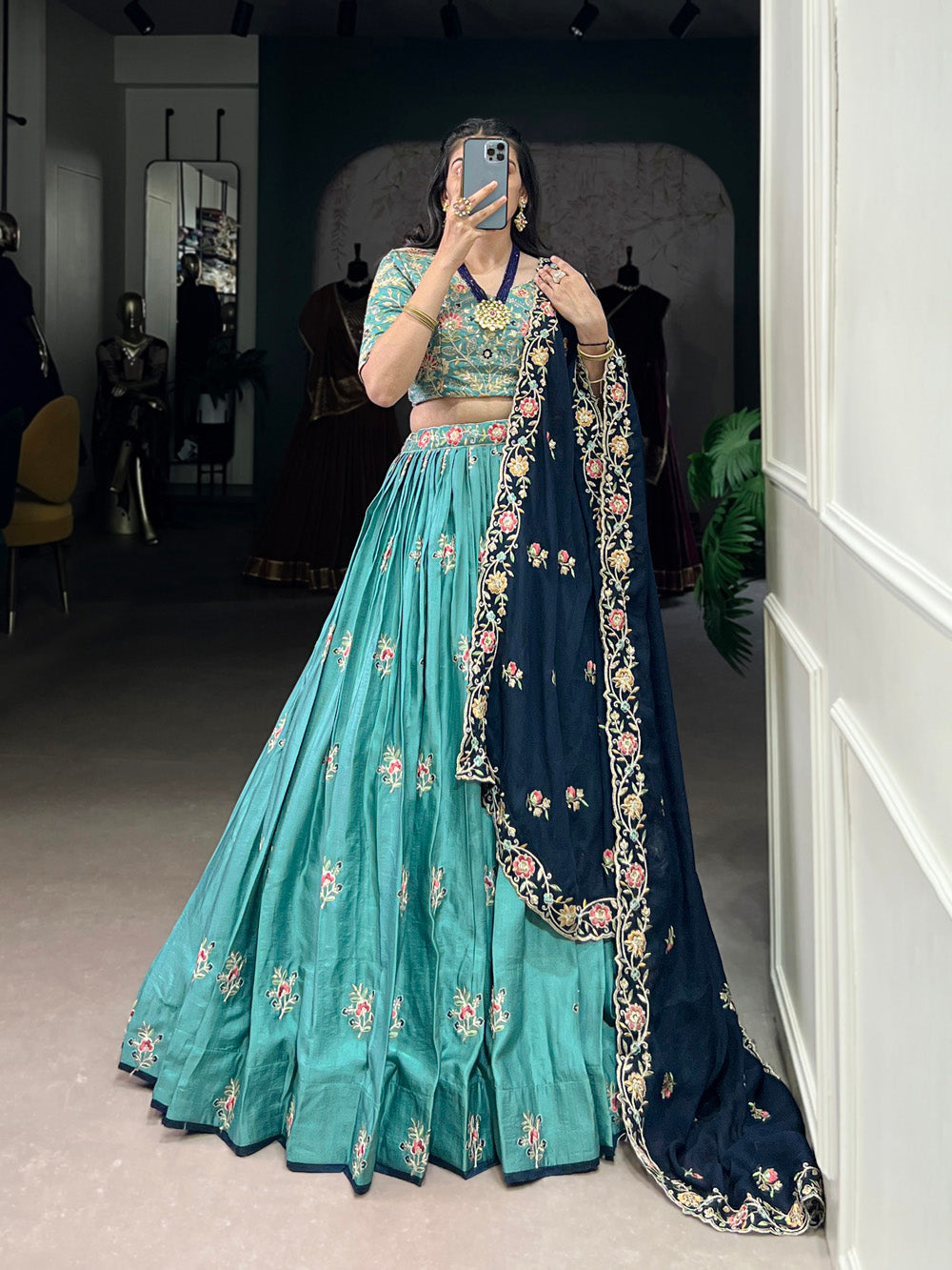 Lorenvalley Skyblue Slab Silk Sequins and Thread Embroidery Work Lehenga Choli with Dupatta - Distacart