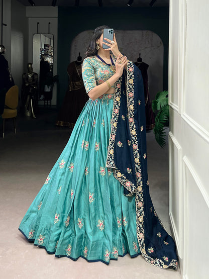 Lorenvalley Skyblue Slab Silk Sequins and Thread Embroidery Work Lehenga Choli with Dupatta - Distacart