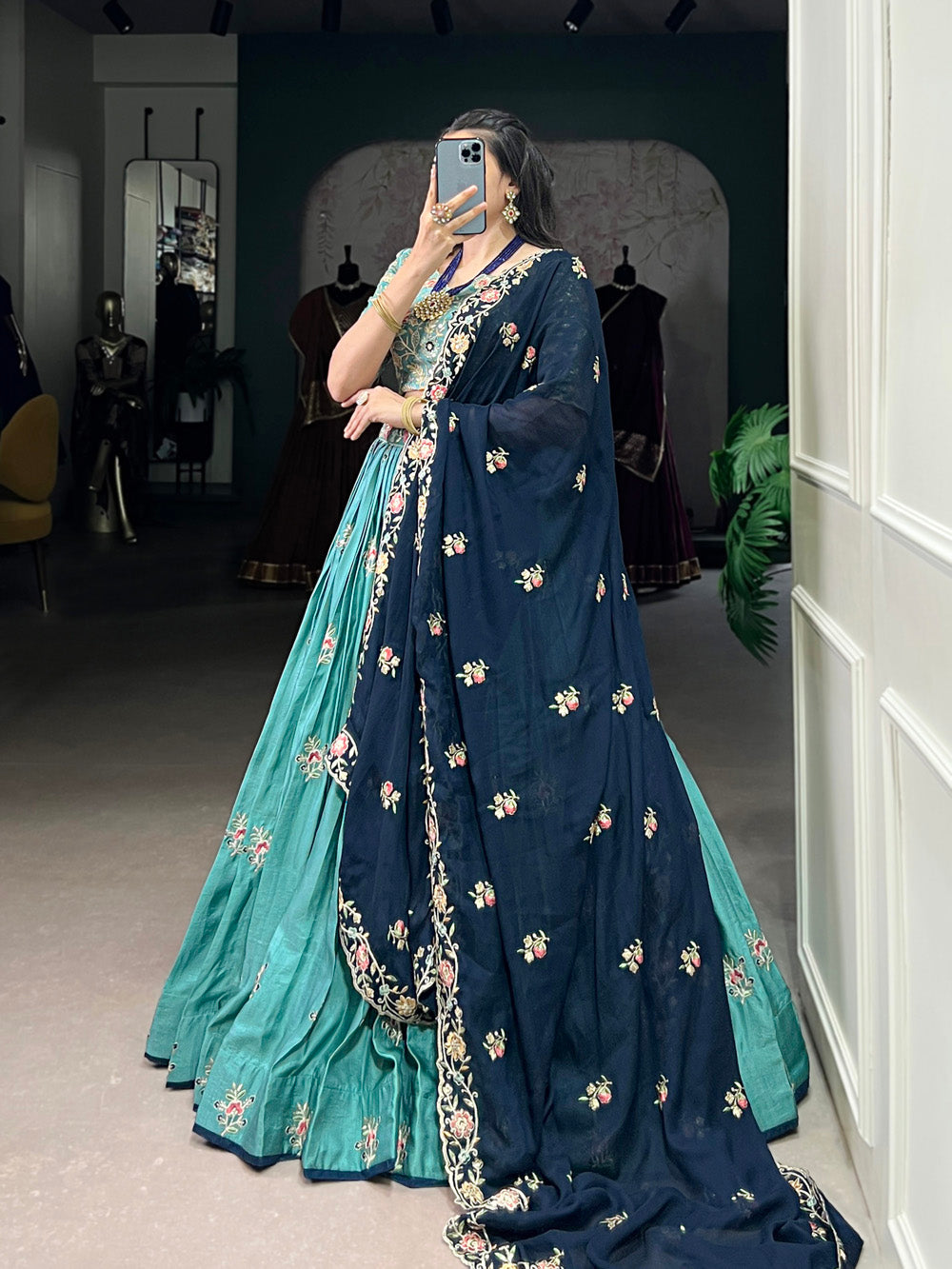 Lorenvalley Skyblue Slab Silk Sequins and Thread Embroidery Work Lehenga Choli with Dupatta - Distacart