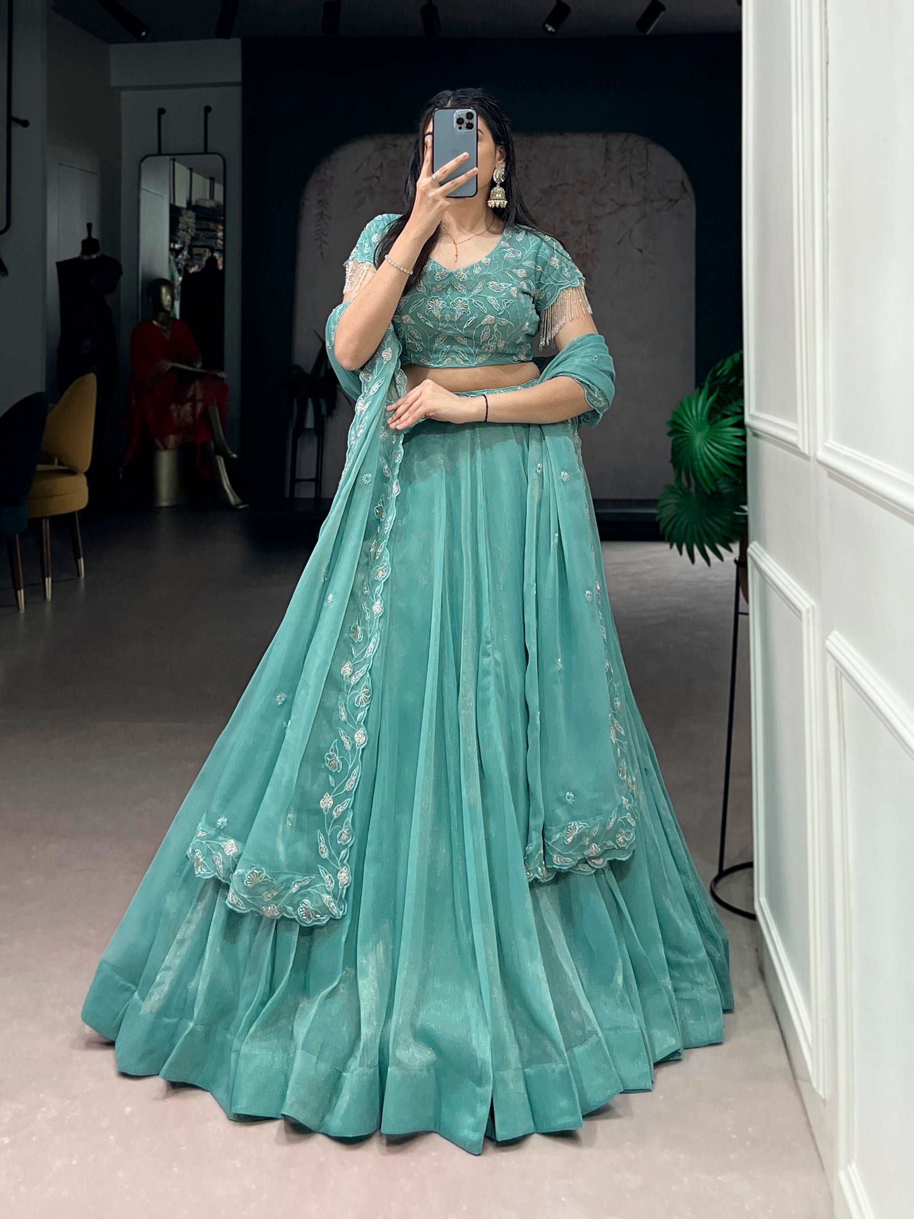 Lorenvalley Fashion Seagreen Gold Coin Beads & Thread Embroidery Work Lehenga Choli with Dupatta - Distacart