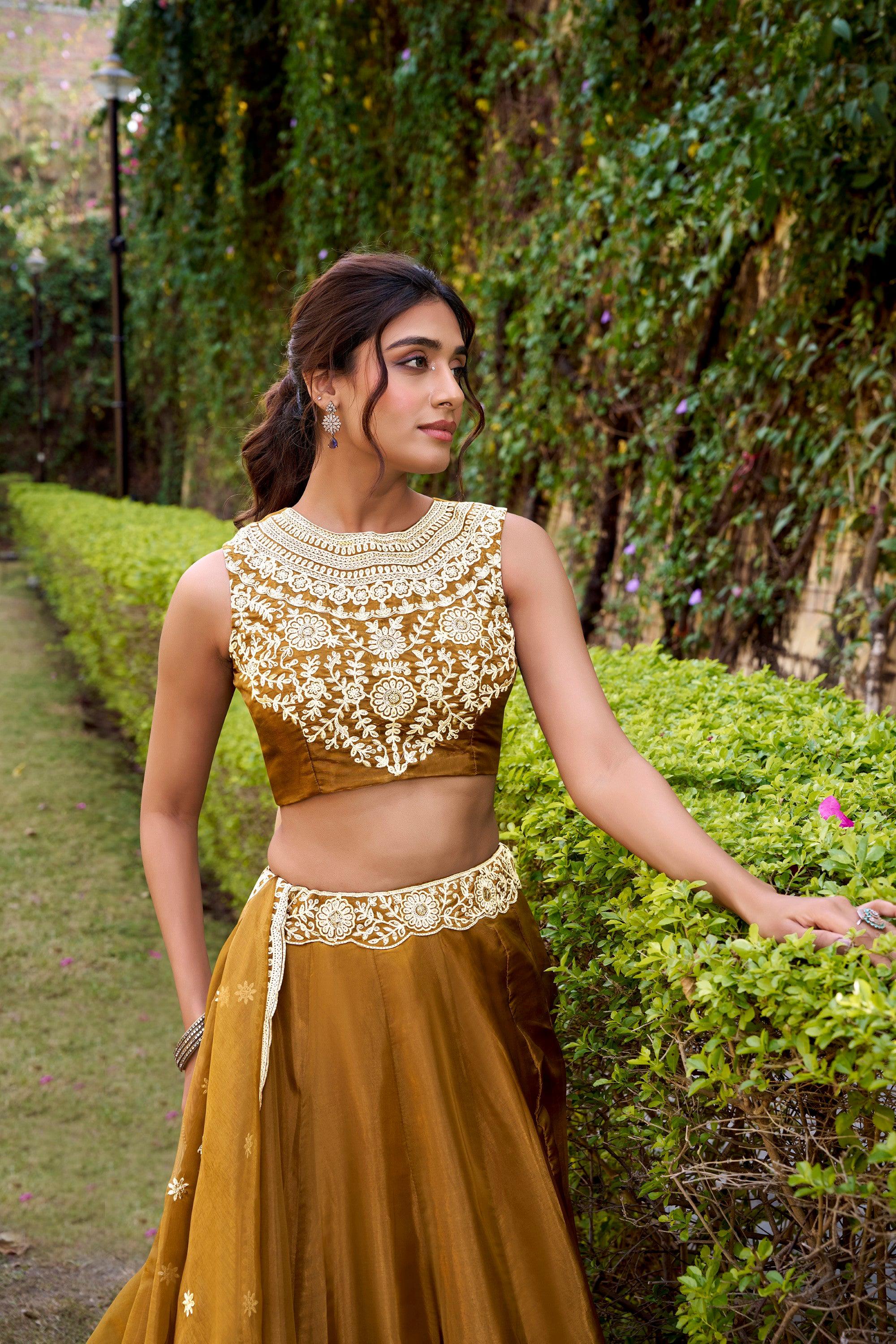 Lorenvalley Fashion Brown Chanda Silk Plain With Sequins and Thread Embroidery Work Belt Lehenga Choli with Dupatta - Distacart