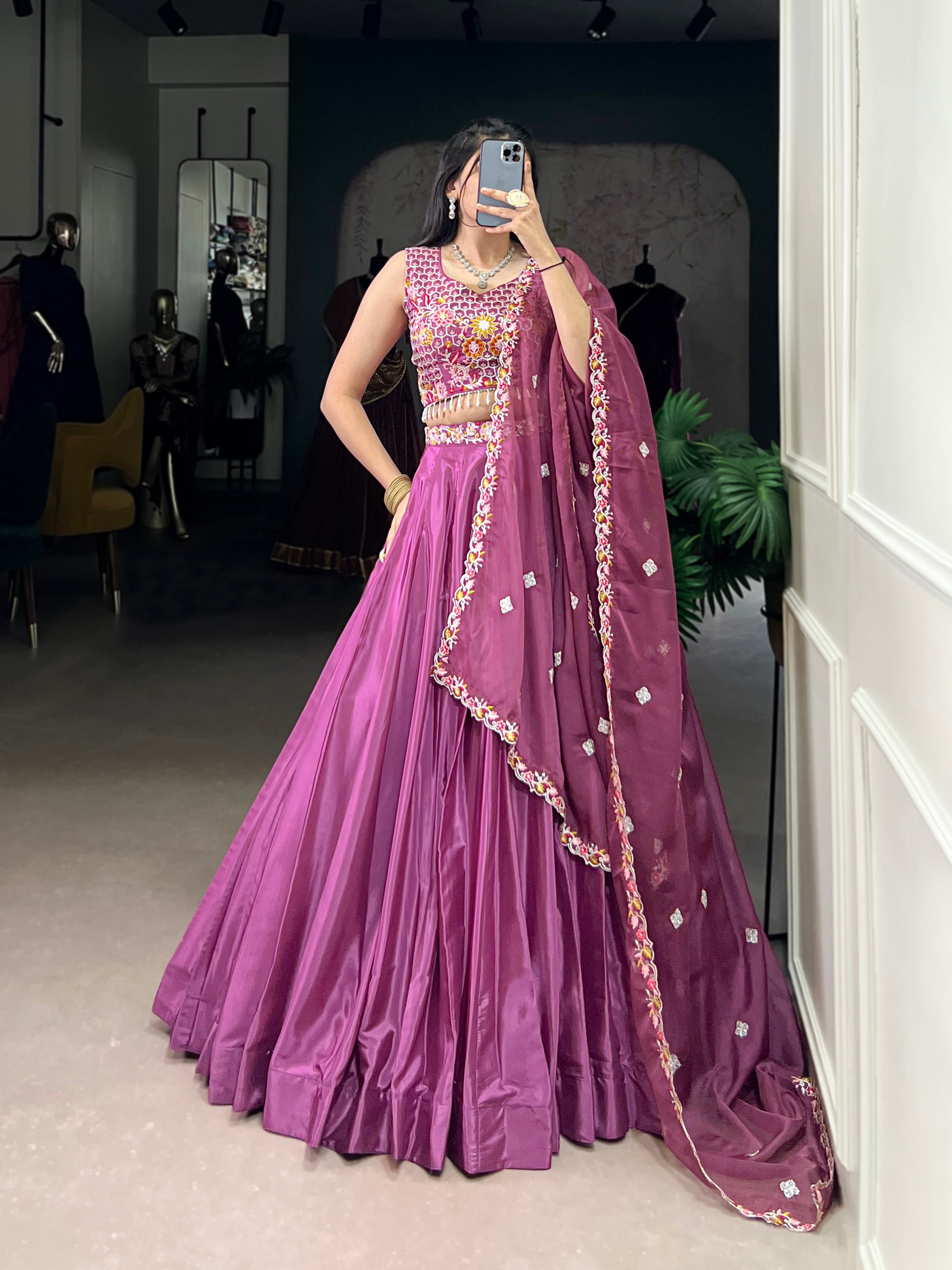 Lorenvalley Pink Silk Crepe Sequins and Thread Embroidery Work Belt Lehenga Choli with Dupatta