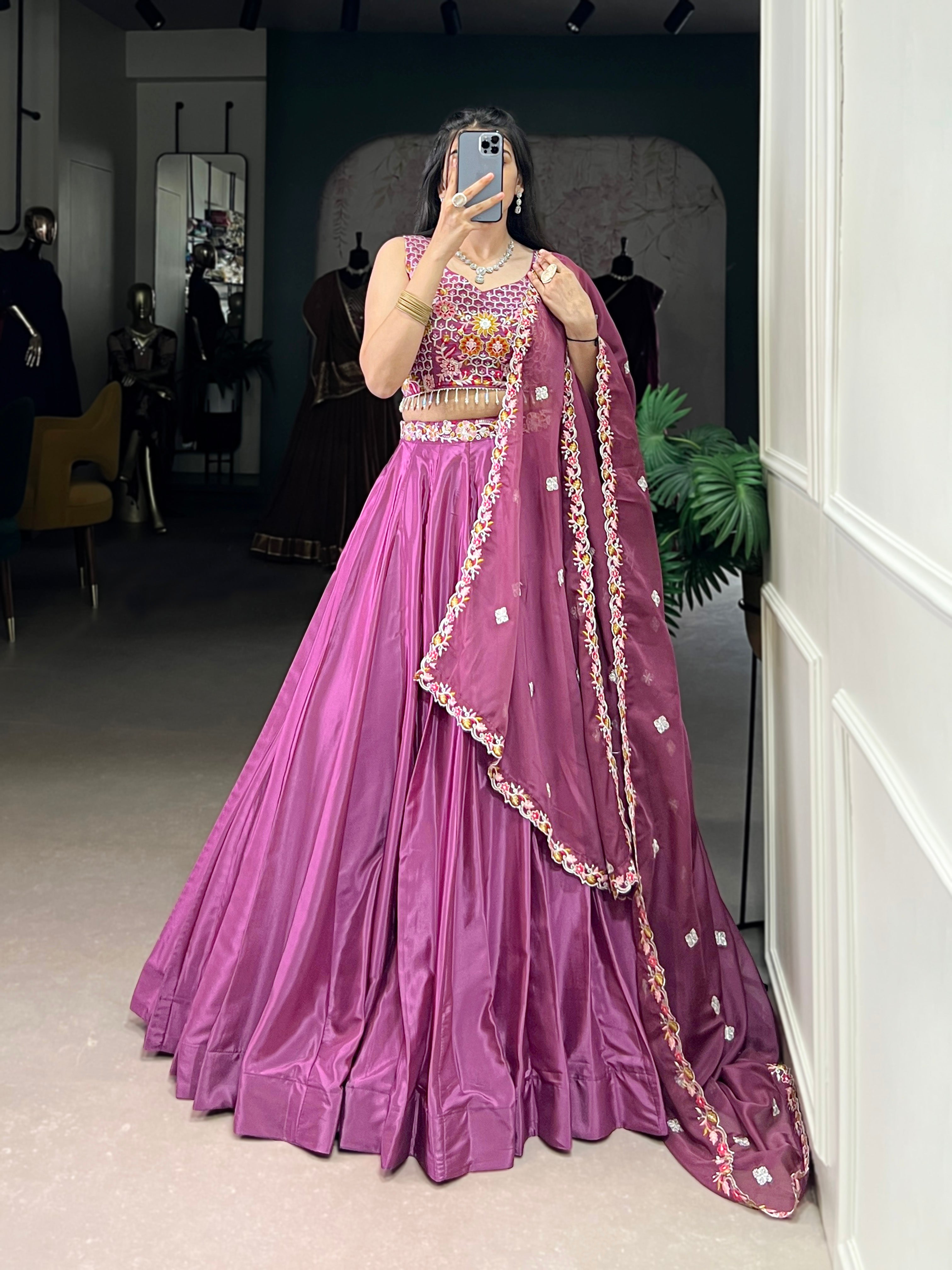 Lorenvalley Pink Silk Crepe Sequins and Thread Embroidery Work Belt Lehenga Choli with Dupatta