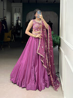 Thumbnail for Lorenvalley Pink Silk Crepe Sequins and Thread Embroidery Work Belt Lehenga Choli with Dupatta