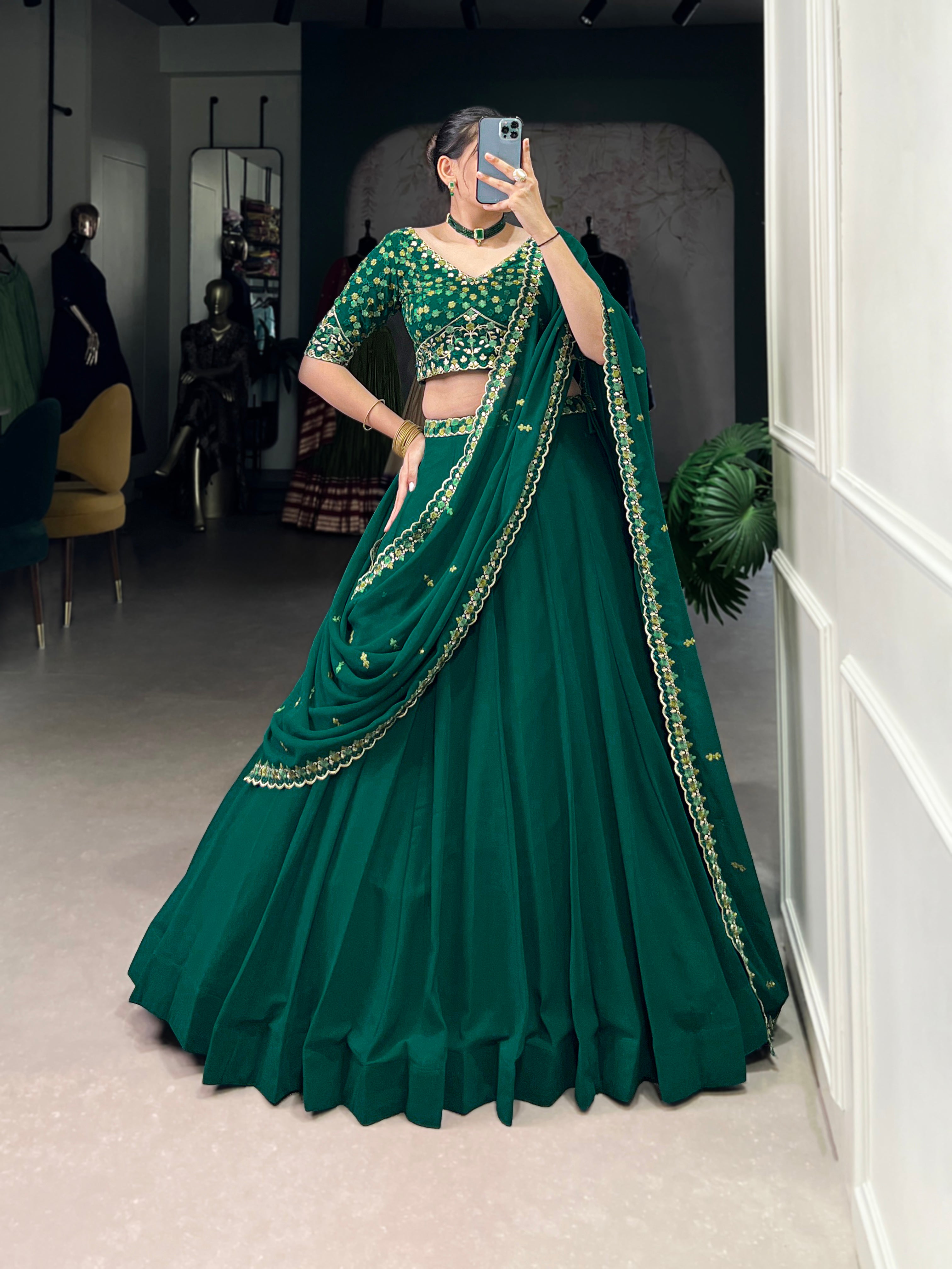 Lorenvalley Fashion Green Georgette Thread Embroidery Work Belt Lehenga Choli with Dupatta