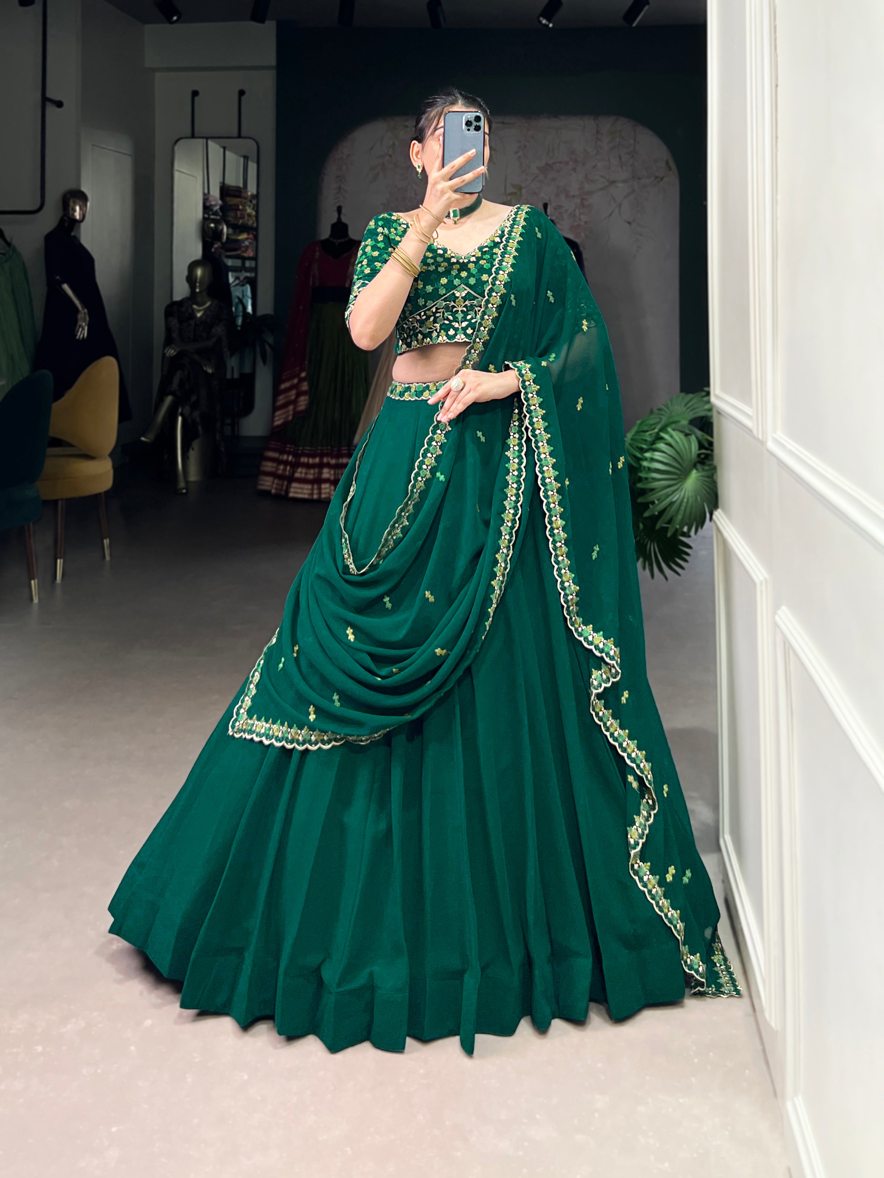 Lorenvalley Fashion Green Georgette Thread Embroidery Work Belt Lehenga Choli with Dupatta
