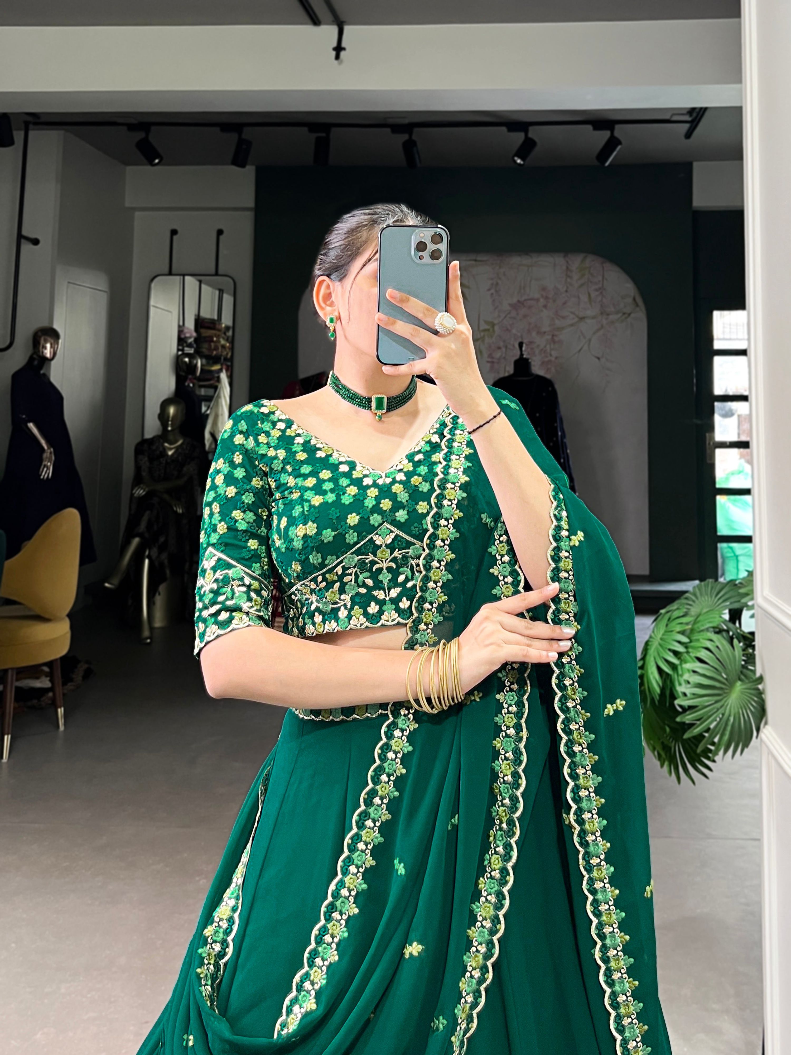 Lorenvalley Fashion Green Georgette Thread Embroidery Work Belt Lehenga Choli with Dupatta