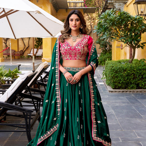 Lorenvalley Fashion Silk Satin Sequins and Thread Embroidery Work Lehenga Choli with Dupatta - Distacart