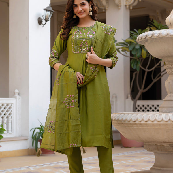 Lorenvalley Fashion Mehendi Viscose Mango Silk Multi Embroidery Sequins With Hand Work Kurta Pant Dupatta - Distacart