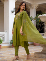 Thumbnail for Lorenvalley Fashion Mehendi Viscose Mango Silk Multi Embroidery Sequins With Hand Work Kurta Pant Dupatta - Distacart