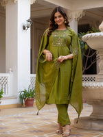 Thumbnail for Lorenvalley Fashion Mehendi Viscose Mango Silk Multi Embroidery Sequins With Hand Work Kurta Pant Dupatta - Distacart