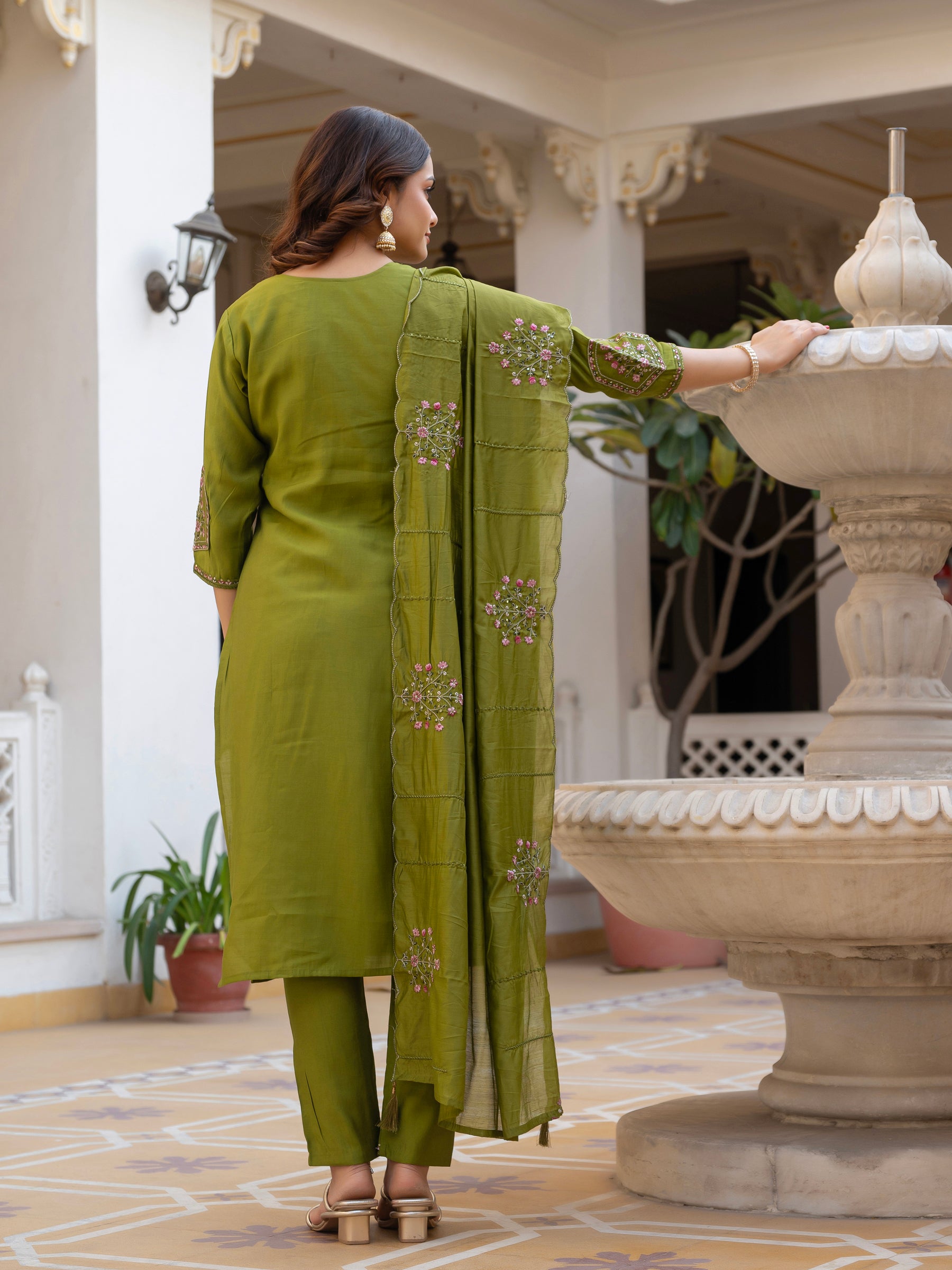 Lorenvalley Fashion Mehendi Viscose Mango Silk Multi Embroidery Sequins With Hand Work Kurta Pant Dupatta - Distacart