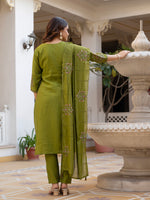 Thumbnail for Lorenvalley Fashion Mehendi Viscose Mango Silk Multi Embroidery Sequins With Hand Work Kurta Pant Dupatta - Distacart