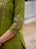 Thumbnail for Lorenvalley Fashion Mehendi Viscose Mango Silk Multi Embroidery Sequins With Hand Work Kurta Pant Dupatta - Distacart