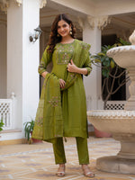 Thumbnail for Lorenvalley Fashion Mehendi Viscose Mango Silk Multi Embroidery Sequins With Hand Work Kurta Pant Dupatta - Distacart